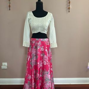 "White Blouse with Foil Mirror and Flower Print Skirt"